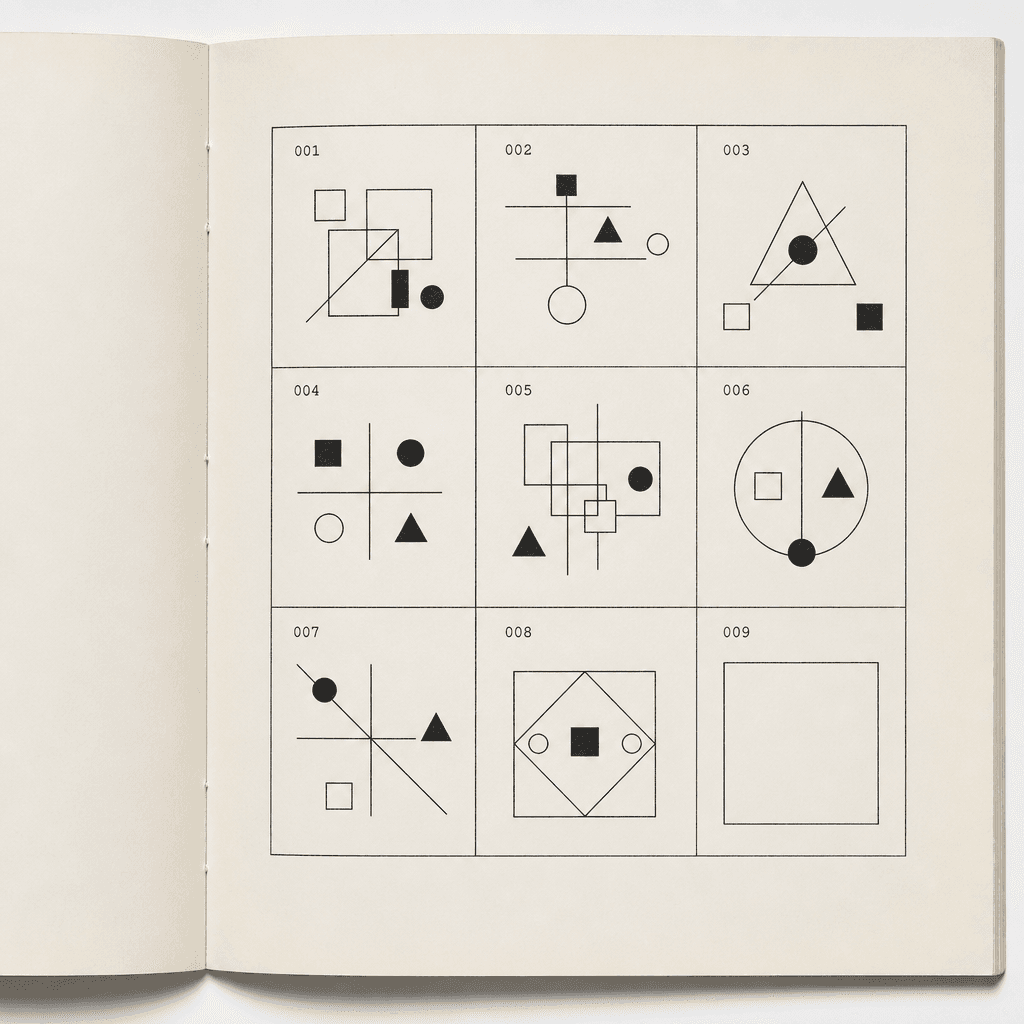 An open test booklet printed with a grid of abstract figural reasoning items in black ink on cream paper, the last cell left empty.
